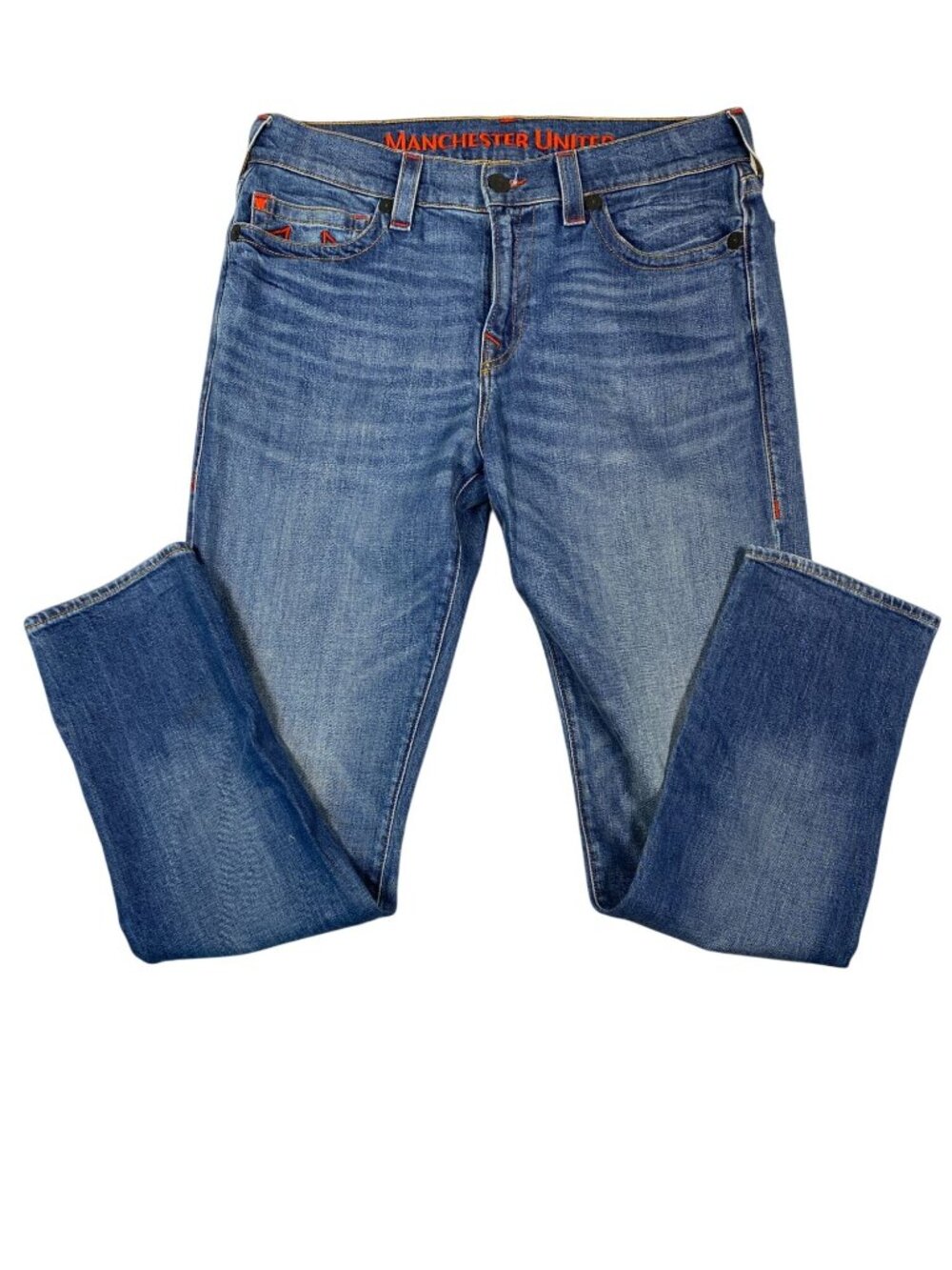True Religion Manchester United Mens Blue Straight-Leg Denim Jeans 34 Embroidere